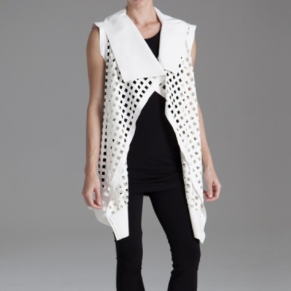 PLANET by Lauren G Laser Cut Vest OS White Vegan Leather Sleeveless Open Jacket